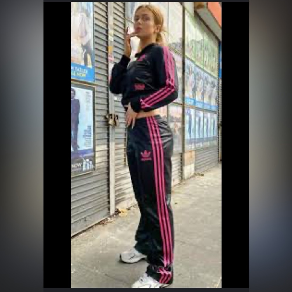 Awesome Vintage Black Adidas Track Jacket with Pink Striped Sleeves, Medium